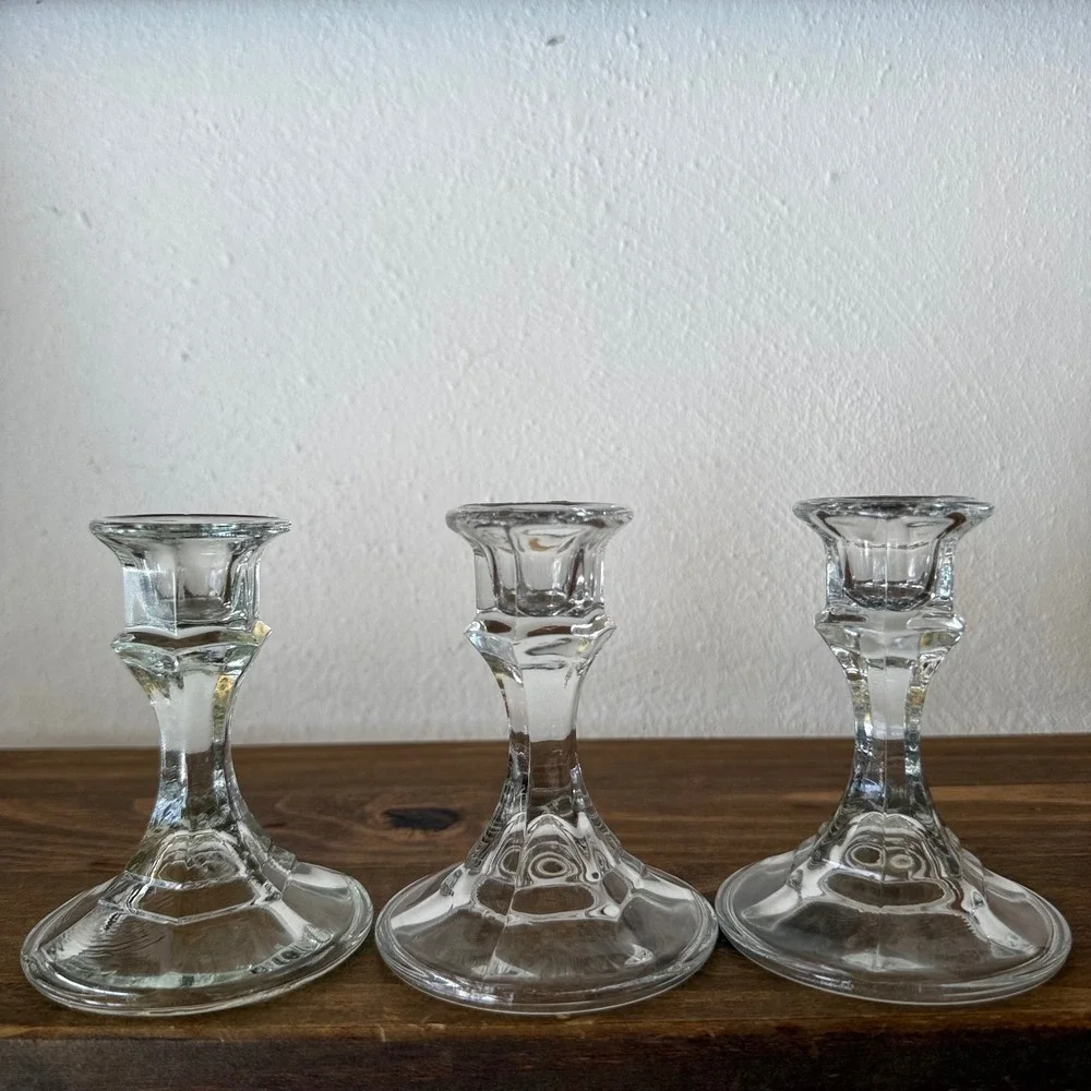 Set of 3 Clear Glass Taper Candle Holders Hexagonal Base 4 inch